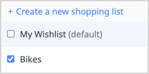 List of shopping lists for a product belonging to a "Bikes" shopping list "Add to shopping list" belonging menu with "Bikes" selected